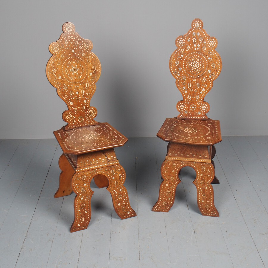 Antique Antique 19th Century Pair of Damascus Inlaid Hall Chairs