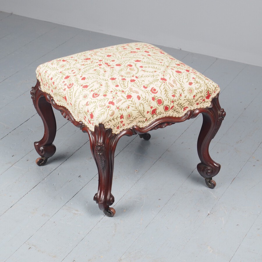 Antique Victorian Carved Mahogany and Upholstered Stool