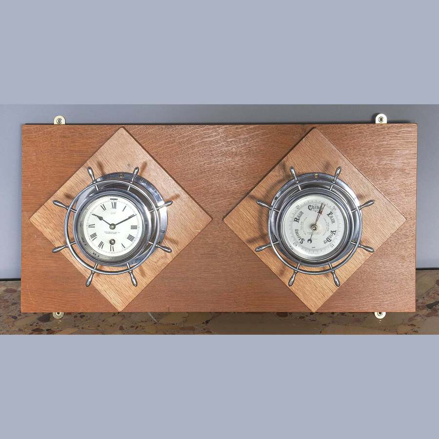 Antique Antique Pair of Chrome Ships Bulkhead Clock and Barometer