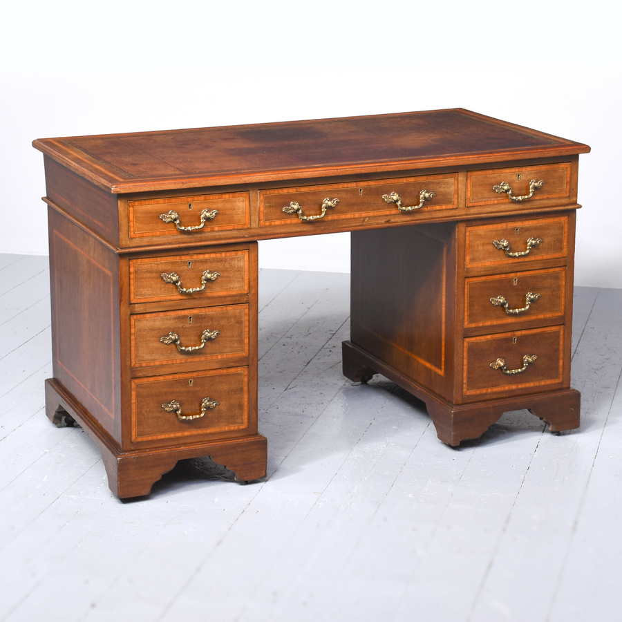 Antique Late Victorian Inlaid Mahogany Kneehole Desk