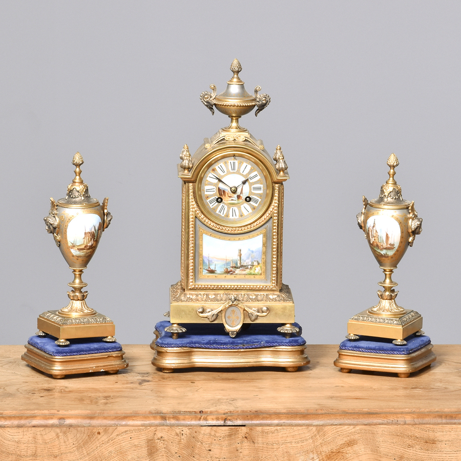 Antique 3 Piece Gilt and Porcelain Clock Set