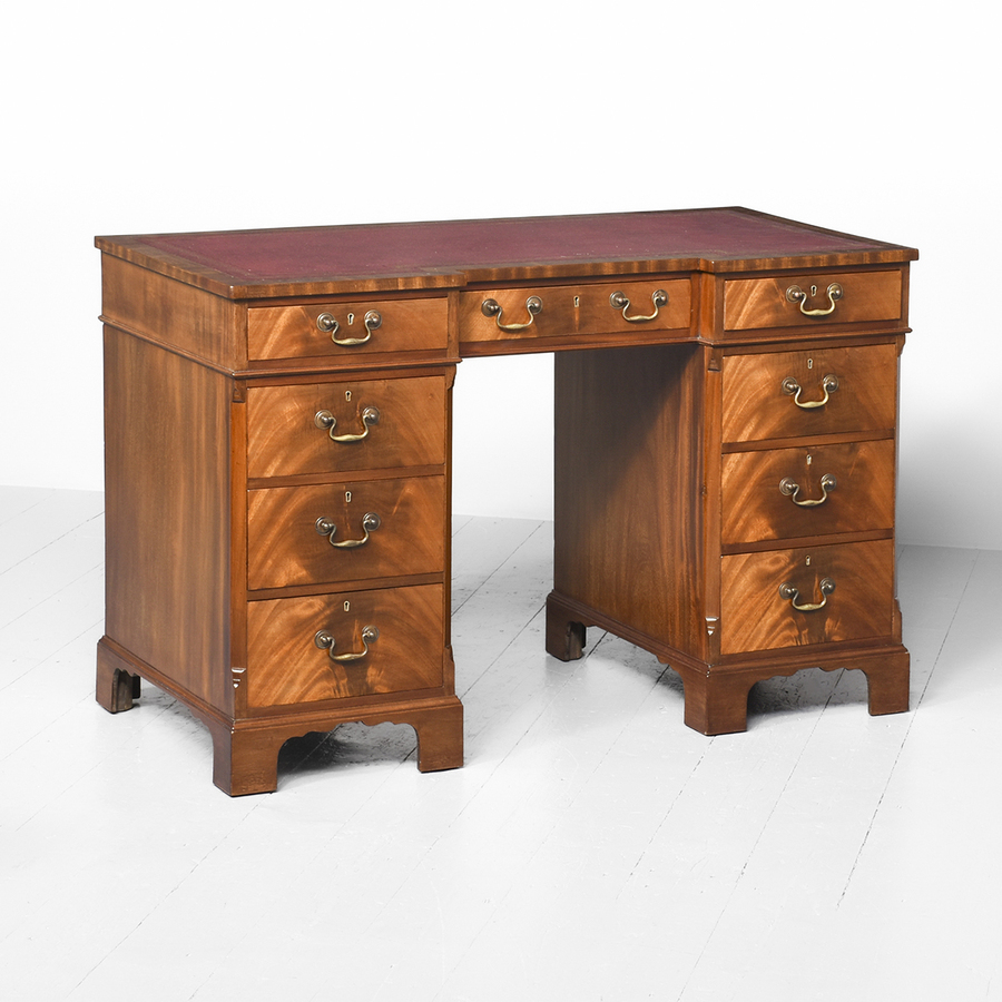 Antique Late 19th Century Mahogany Breakfront Pedestal Desk with Burgundy Leather Writing Surface