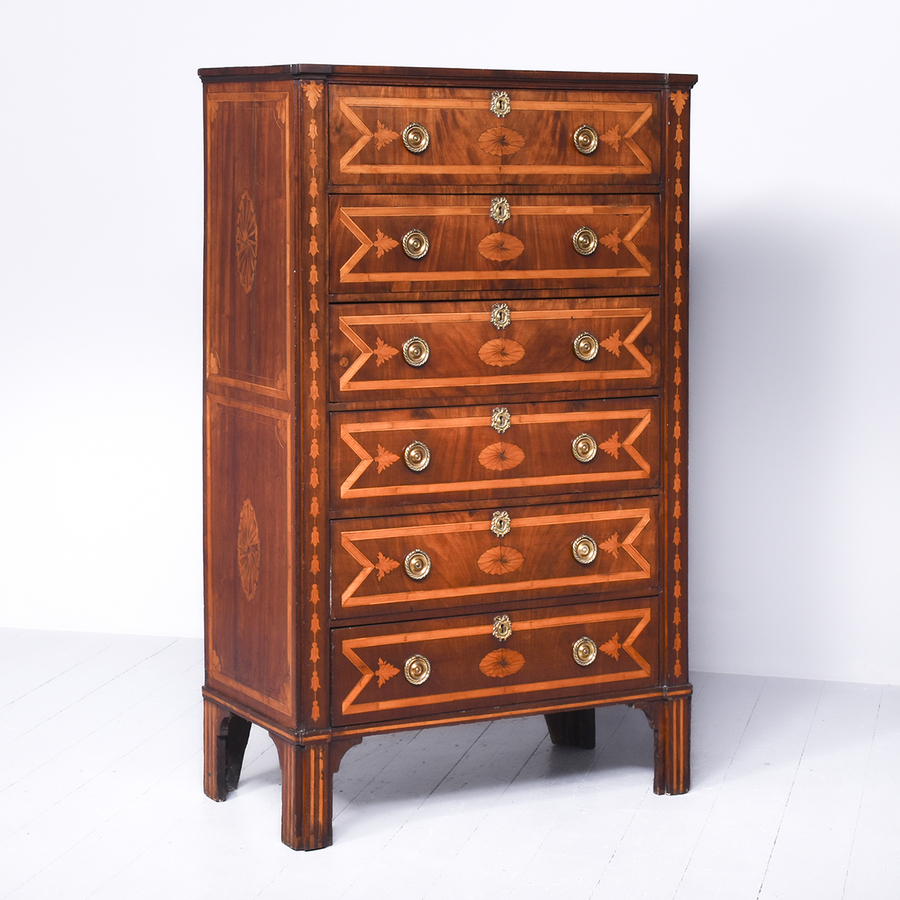 Antique Attractive Dutch Tall, Inlaid Mahogany Chest of Drawers