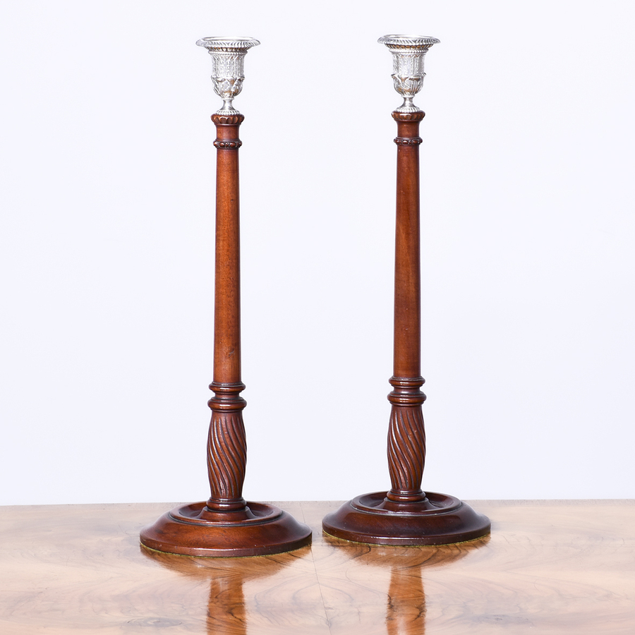Antique Pair of EPNS and Mahogany Candlesticks