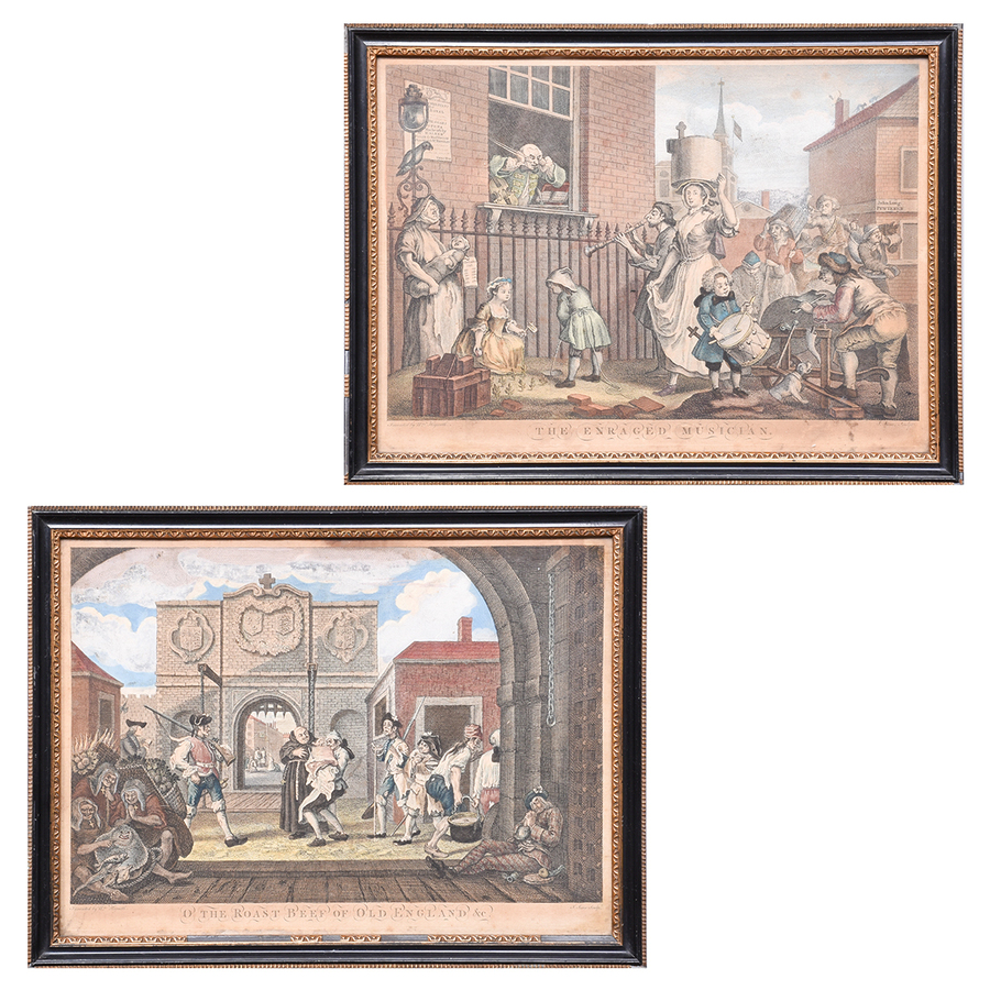 Antique Pair of William Hogarth Hand-Tinted Framed Prints