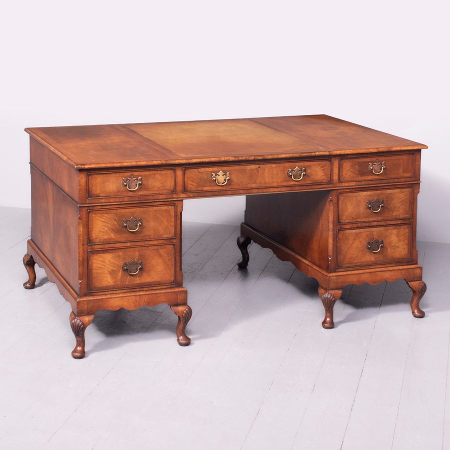 Antique Large Georgian-Style Walnut Free-Standing Partners Desk