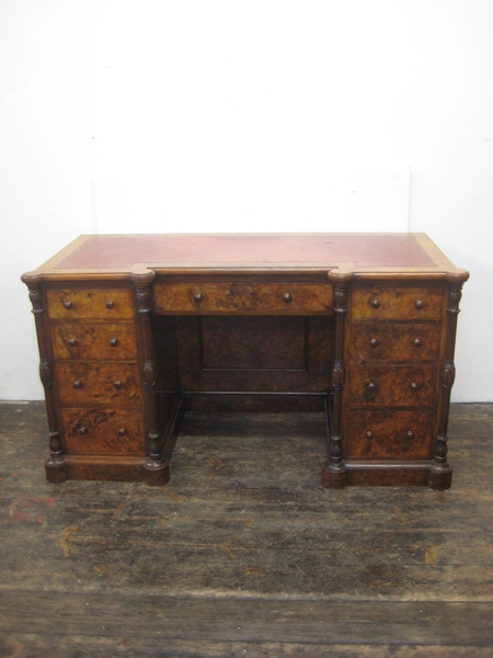 Mid Victorian Burr Walnut Pedestal Desk