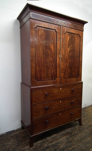 George III Brass Inlaid Mahogany Linen Press