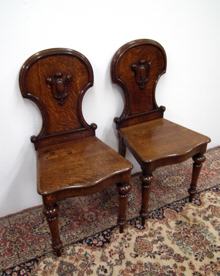 Pair of Victorian Solid Oak Hall Chairs