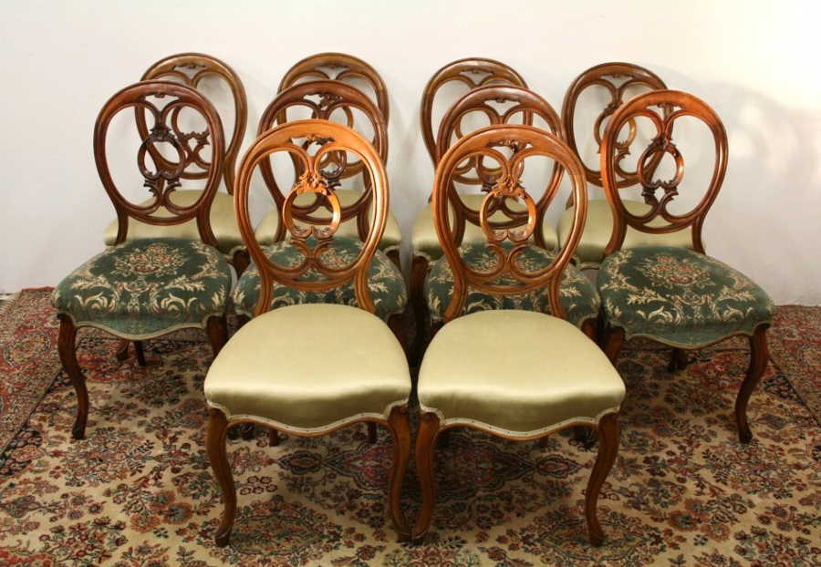Set of 10 Victorian Walnut Dining Chairs