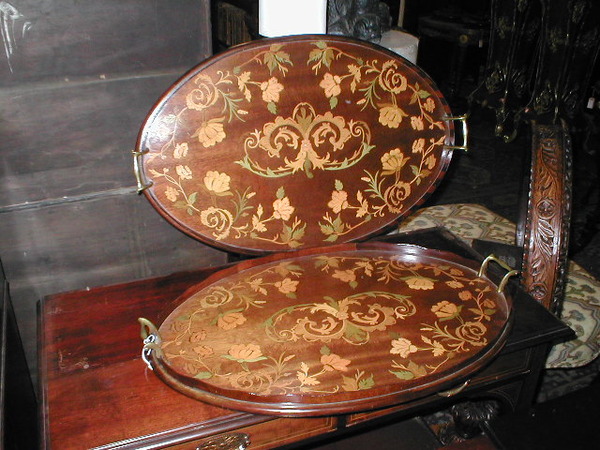 Matched Pair of Edwardian Marquetry Trays