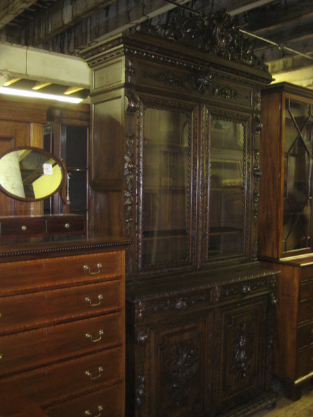 Flemish Carved Oak Cabinet Bookcase