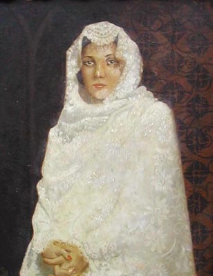 Portrait of a Woman in White shawl before a decorative background