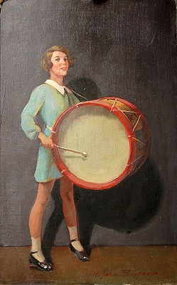 Antique "Walk Up , Walk Up, Its Ready !"  Young Girl with Base Drum