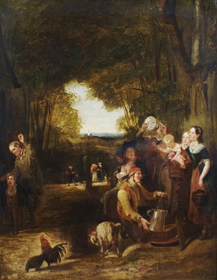 Antique A Pastoral scene with travellers at a water trough