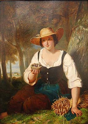 Antique A Young lady seated in woodland holding a bird?s nest by English School
