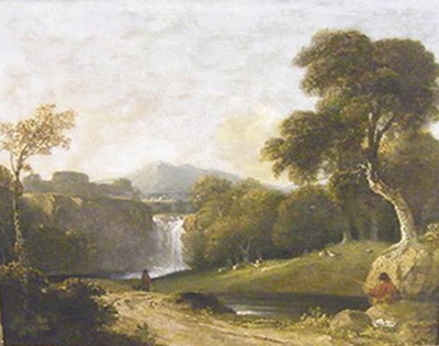 Antique An Italianate Landscape with an Angler in the Foreground and Falls at a Villa
