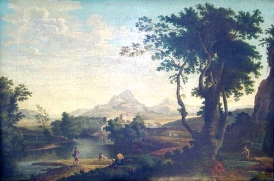 Antique An Italinate river  landscape with Figures in the foreground and a Villa