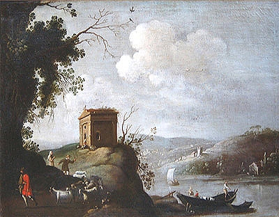 Antique Arcadian Landscape with Figures, Temple, Boats and Buildings