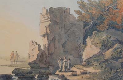 Antique Monks at a riverside  rocky outcrop, Italy , with travellers beyond