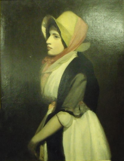 Antique Portrait of a young girl wearing a straw hat tied with a pink scarf