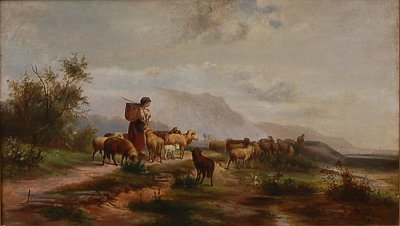 Antique Shepherdess With Her Flock