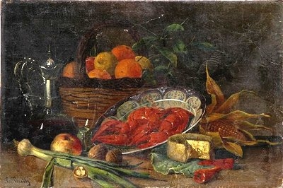 Antique Still life with a Lobster fruit and vegtables on a table