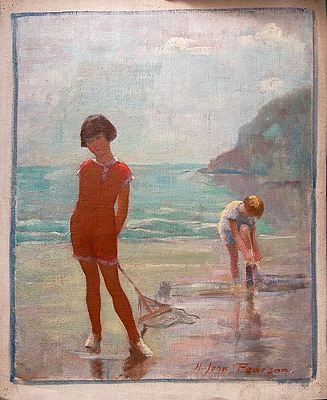 Antique Young Girls on a Beach with Shrimp Net
