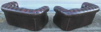 Antique Chesterfield Settee's Pair Victorian Style Deep Buttoned Ox Blood Red Two Seater