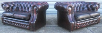 Antique Chesterfield Settee's Pair Victorian Style Deep Buttoned Ox Blood Red Two Seater
