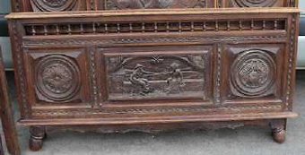 Antique 1920's Breton Highly Carved Oak Head,Foot and side rails.Double. 3 carved panels