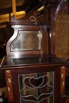 Antique Mahogany Arts & Crafts China Cabinet with inlay and pretty Stained Glass