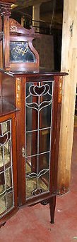 Antique Mahogany Arts & Crafts China Cabinet with inlay and pretty Stained Glass