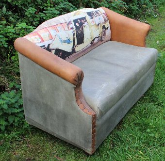 Antique Small Quirky Firm Leather and suede Sofa with Indian style scene print on back