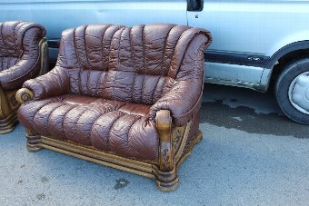 Antique Large Good shaped Brown Leather Sofa and matching 2 Armchairs with Carved Frame