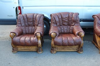 Antique Large Good shaped Brown Leather Sofa and matching 2 Armchairs with Carved Frame