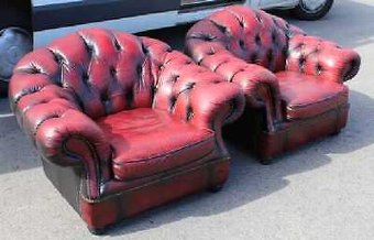 Antique Fab Pair of Large Red Leather Chesterfield Tub chairs buttoned backs.Good Shape