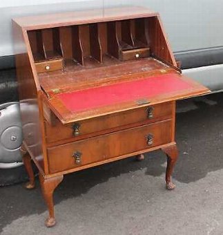 Antique Neat Walnut Bureaux with Red Leather Top on Cab Legs. Great Interior 1940's
