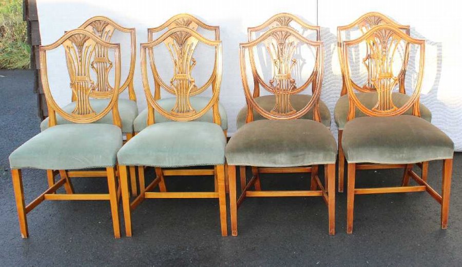 Antique Set 8 Wheatsheaf Mahogany Dining Chairs. Pale Blue upholstery. 1960's