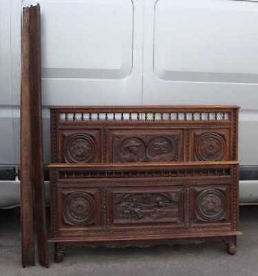 Antique 1920's Breton Highly Carved Oak Head,Foot and side rails.Double. 3 carved panels