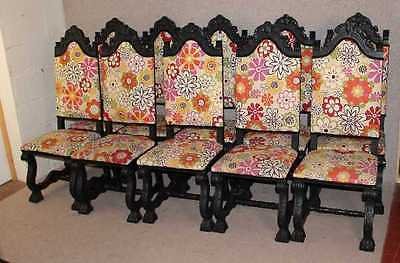Set 10 Black decoratively Carved Dining Chairs with Fabulous bright upholstery