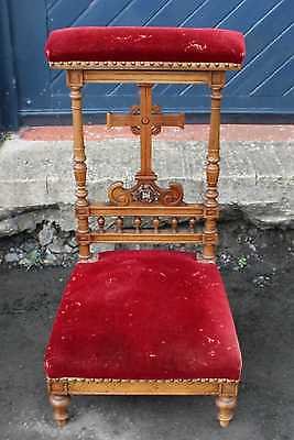 Antique 1900's Red Upholstered Prie Dieux with carved detailing.