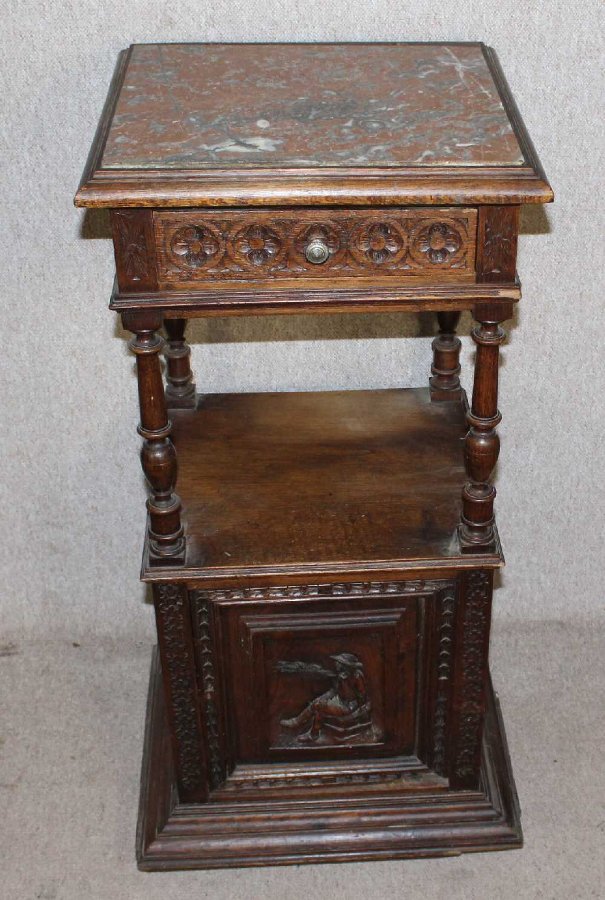 Antique 1920's Breton Oak Bedside Cabinet with cupboard and Rouge Marble Top.