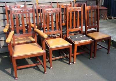 Set 8 Mahogany Arts & Crafts style Dining chairs Carved Backs Being upholstered