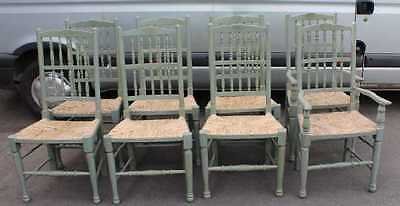 Antique Set 8 Country style Dining Chairs painted Green with Rush seats and turned legs.