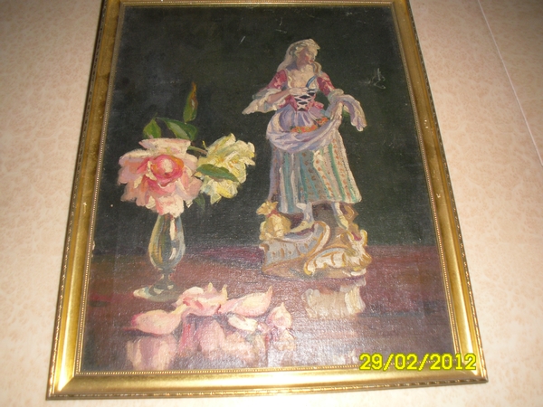 ANTIQUE OIL ON CANVAS PAINTING OF VICTORIAN DRESSED LADY WITH A DOG AND A VASE OF ROSES