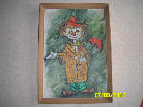 VINTAGE OIL ON BOARD PAINTING by HUGHES;ORIGINAL PAINTING OF CLOWN WITH UMBRELLA,SIGNED BY ARTIST