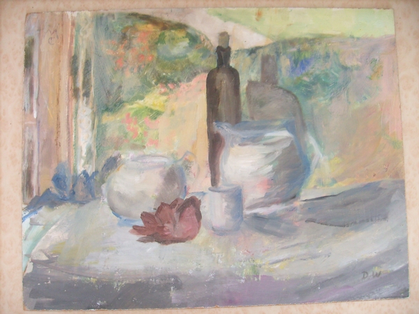 VINTAGE OIL ON BOARD PAINTING by D WINTER;SIGNED STILL LIFE OF JUG -CIRCA 1970