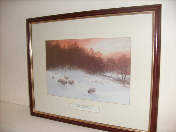 ANTIQUE PRINT -WINTER SUNSET BY JOSEPH FARQUHARSON (1846-1935)-MOUNTED AND FRAMED PRINT