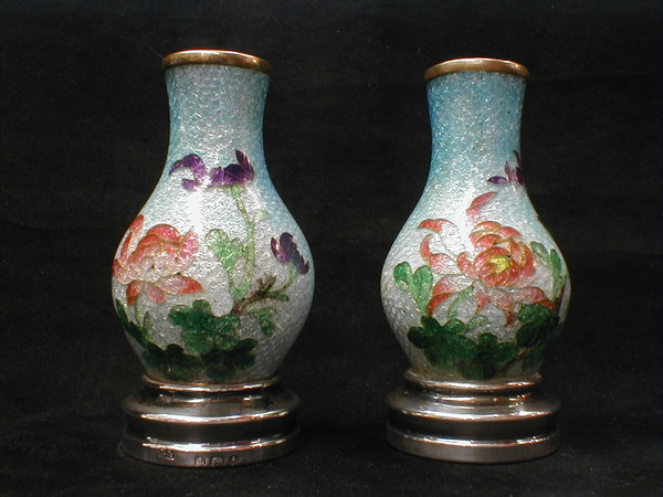 Pair of Enamel vases on silver base
